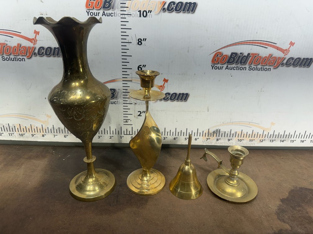 Brass Decor Collection: Candlesticks, Etched Vase, and Bell