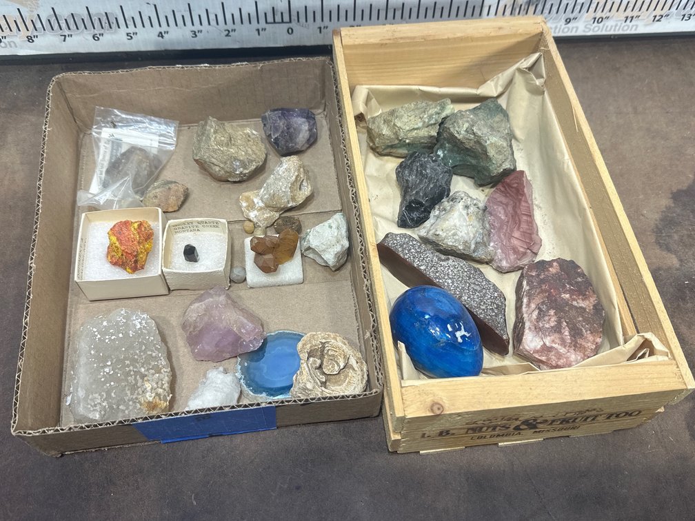Two boxes of Mineral, Rock, and Fossil Specimen Collection includingWooden Crate