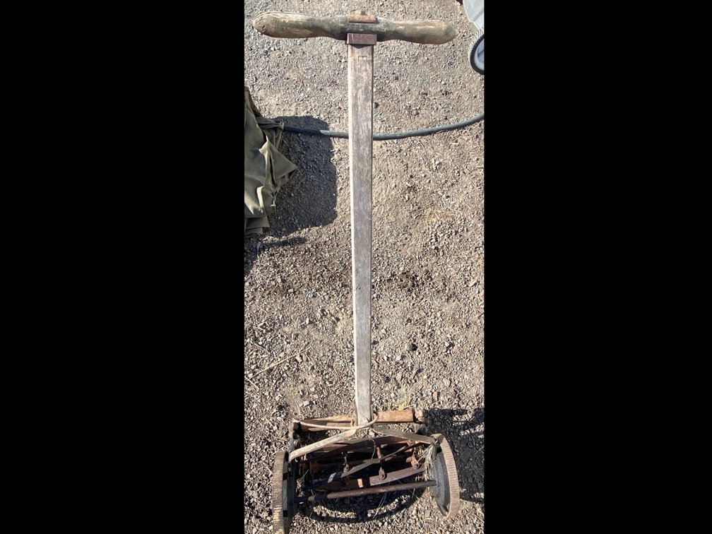 Vintage Manual Push Reel Lawn Mower with Wooden Handle