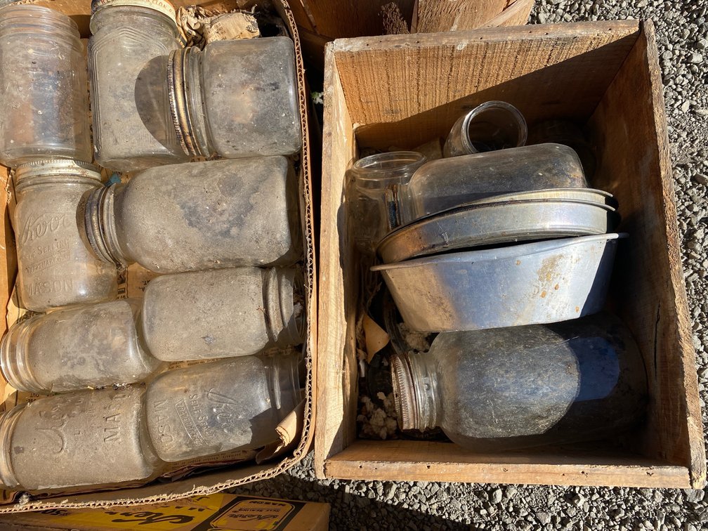 Glass Canning Jars, Metal Kitchenware, and Wooden Crates