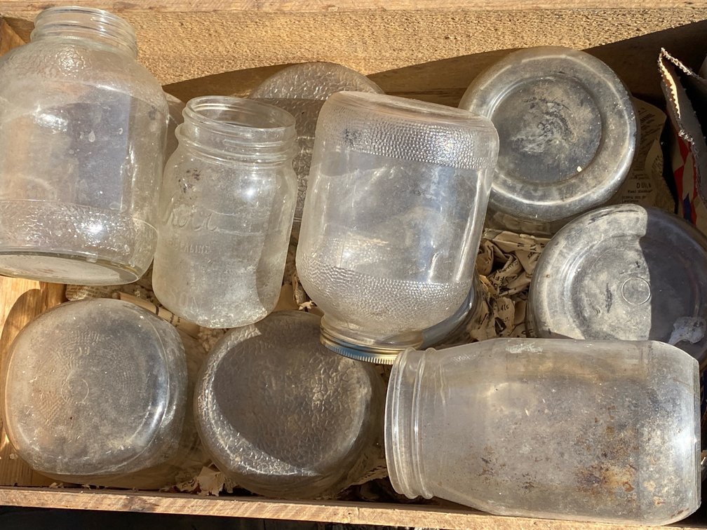 Clear Glass Canning Jars in Wooden Crate