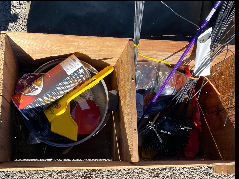 Wooden Egg Crate with Garden Stakes, Tools, and More