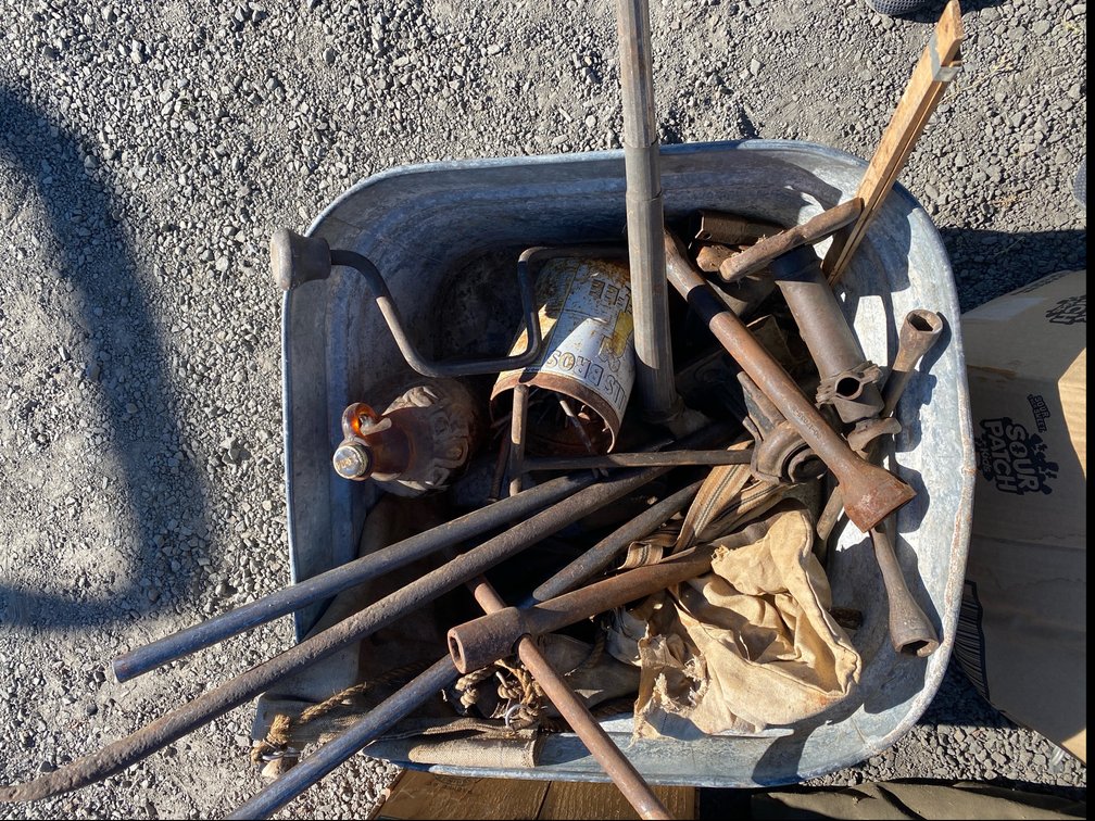 Galvanized Metal Tub with Hand Tools, Hardware, and More