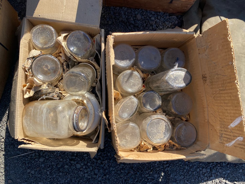 Vintage Clear Glass Bottles, Jars, and Ceramic Component