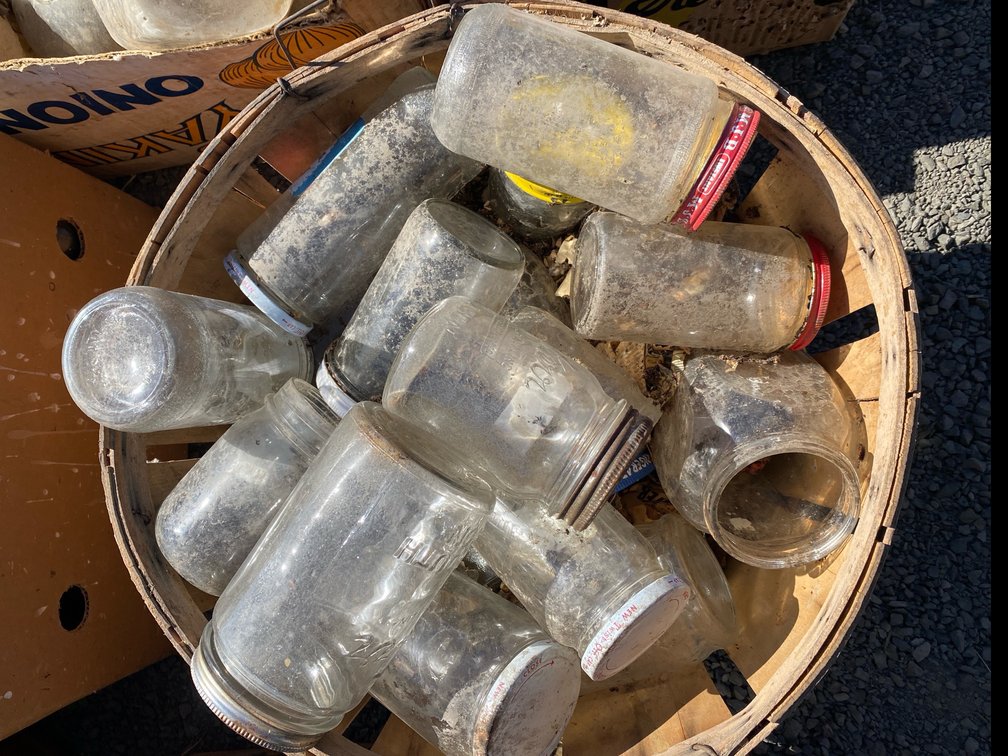 Wooden Bushel Basket with Clear Glass Food and Canning Jars