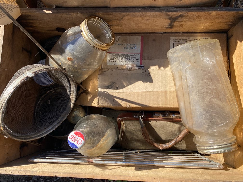 Wooden Crate with Canvas Satchel, Glass Jars, Bottle, and More