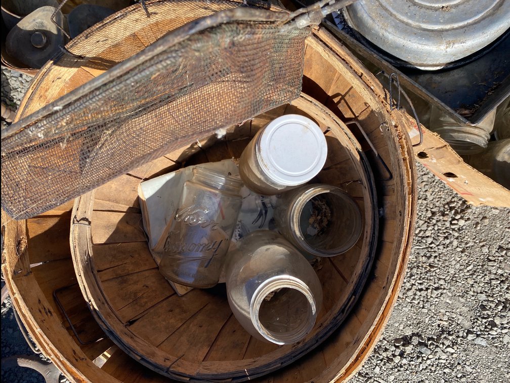 Wooden Bushel Baskets, Glass Canning Jars, and Wire Mesh Basket