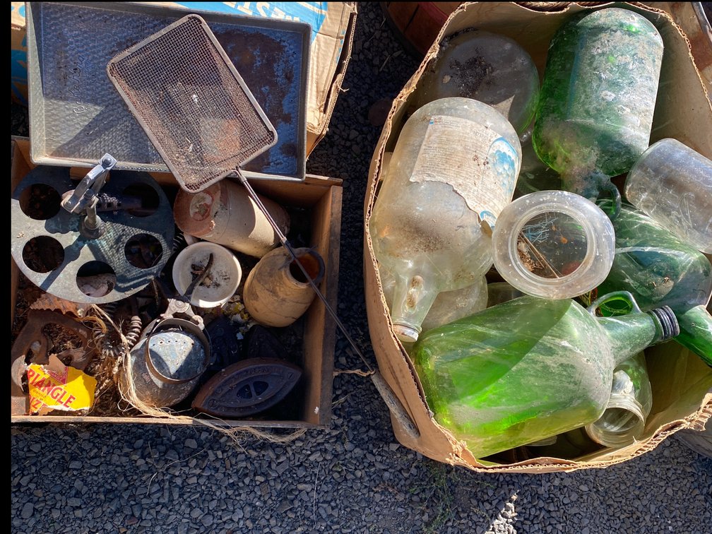 Vintage Glass Jugs, Sad Irons, Bake-King Pan & Wooden Crate Lot
