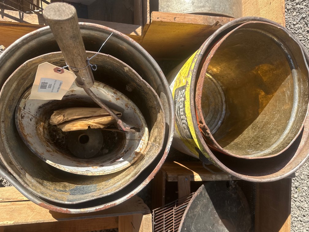 Metal Pails, Enamelware Basin, and Hand Tool