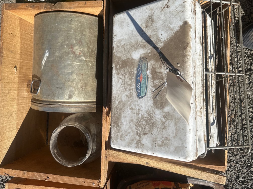 Two Wooden Crates with Metal Dispenser, Galvanized Canister, and Glass Jar