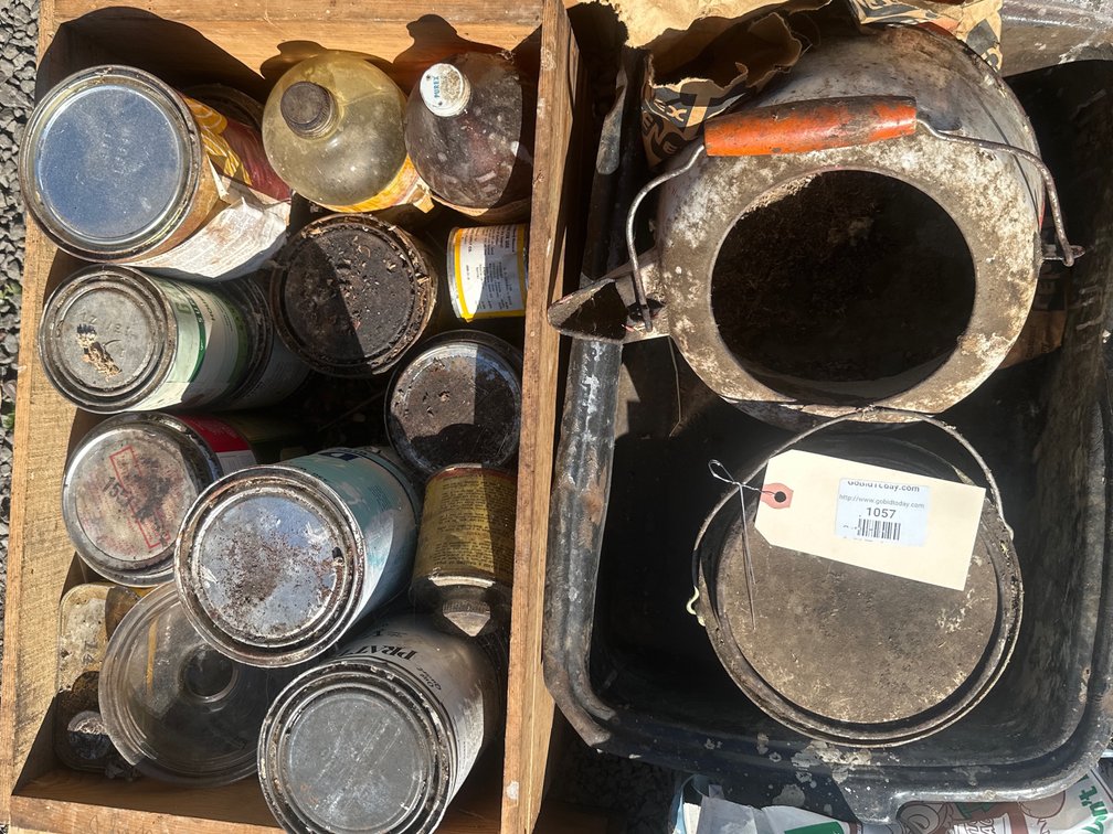 Vintage Paint Cans, Bottles, Pouring Kettle, and Wood Crate