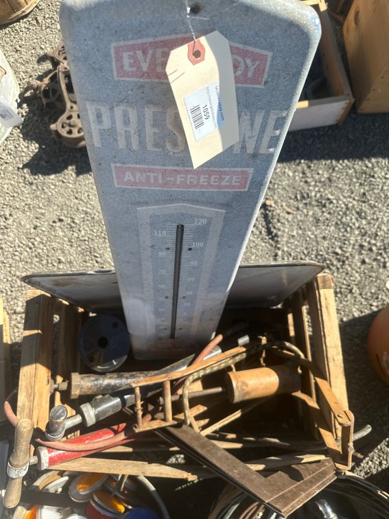 Metal Thermometer Sign, Hand Pumps, Tools, and More in Wooden Crate