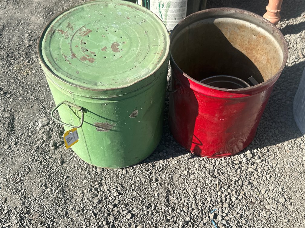 Two Painted Metal Pails with Lids and cooking pot