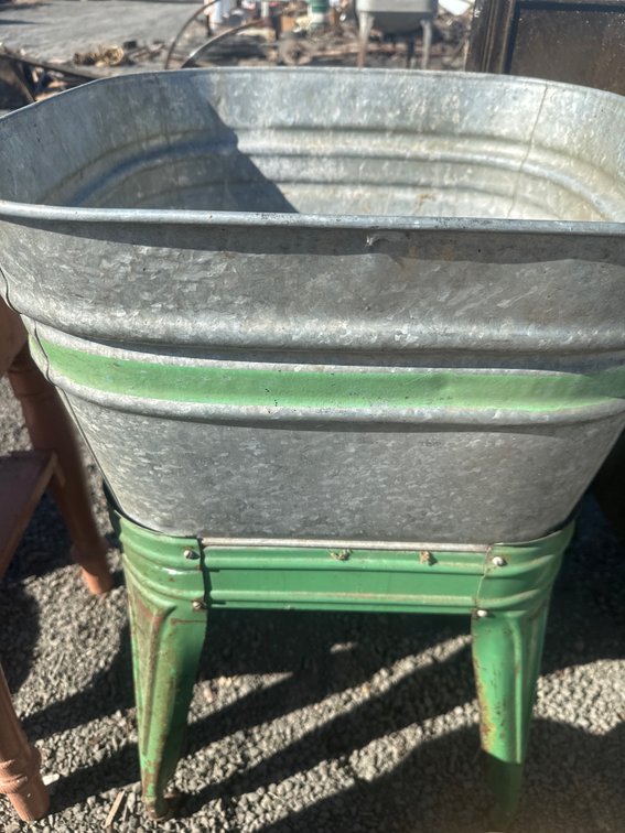 Galvanized Metal Wash Tub on Green Metal Stand