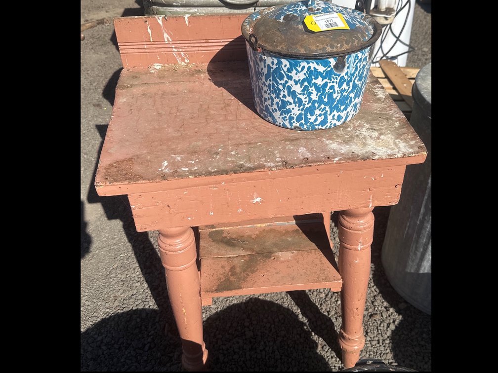 Painted Wood Washstand Table, Splatter Enamelware Pot, and Ball Jar