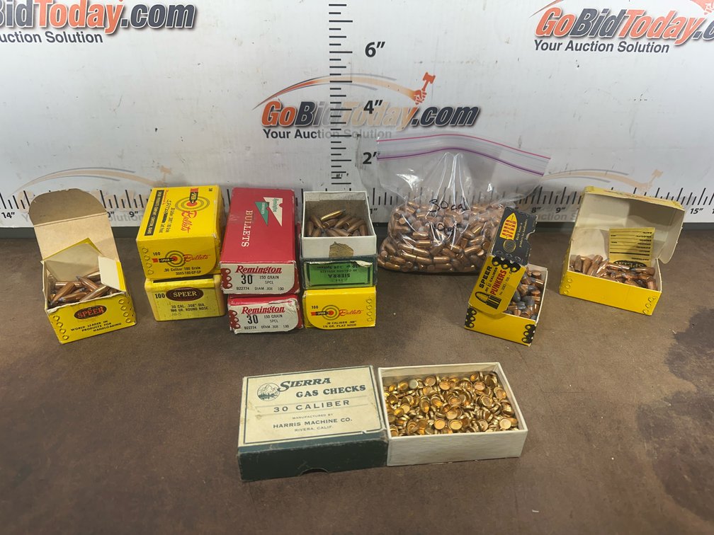 Ten boxes and sandwich bag of .30 Caliber Reloading Bullets and Gas Checks