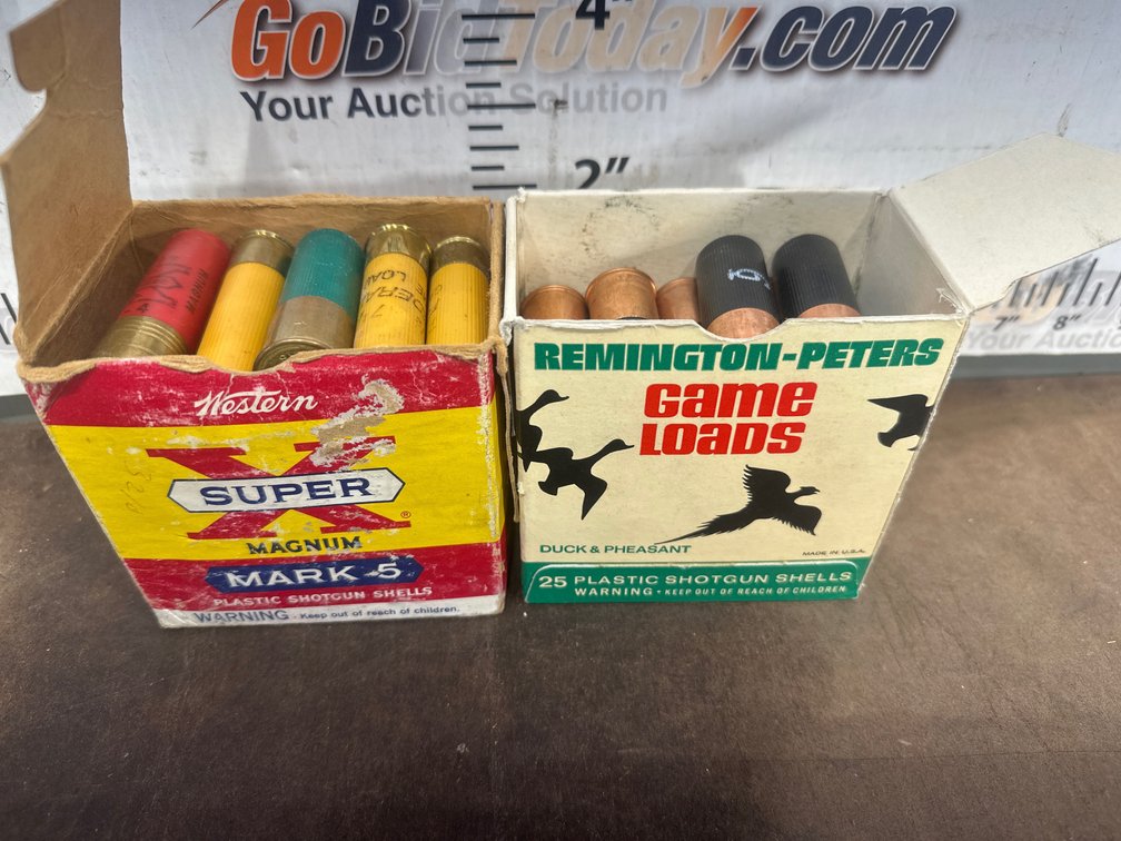 Two boxes of Mixed Shotgun Shells marked Western and Remington-Peter
