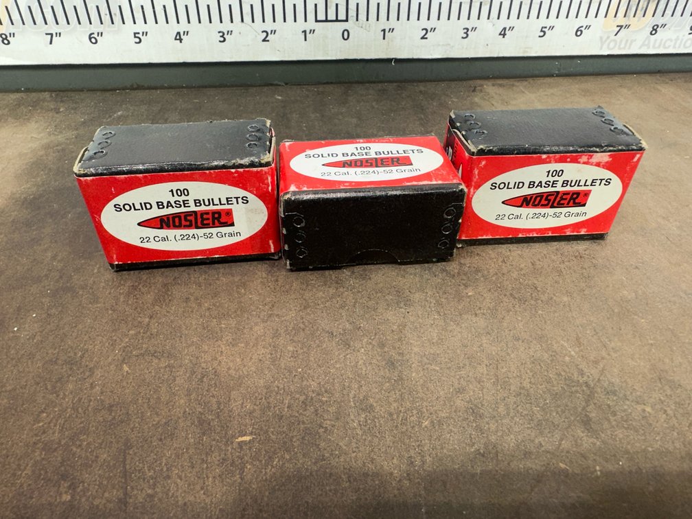 Three unopenedNosler .22 Caliber 52 Grain Solid Base Bullet Boxes