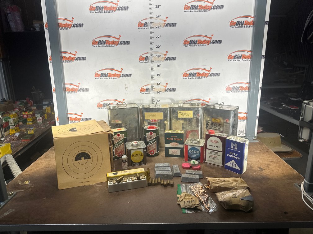 Reloading Supplies Lot: Tins, Bullets, Brass, and Targets