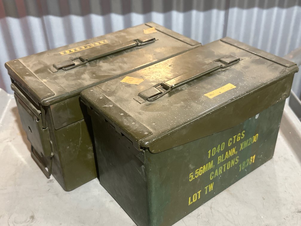 Two Olive Drab Metal 5.56mm Ammunition Cans