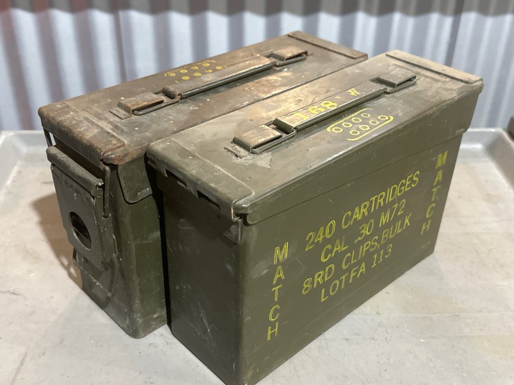 Two Olive Drab Metal .30 Caliber Ammunition Cans