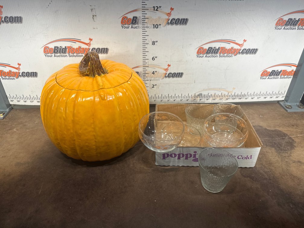 Ceramic Pumpkin Lidded Container, Glass Bowls, and Tumblers