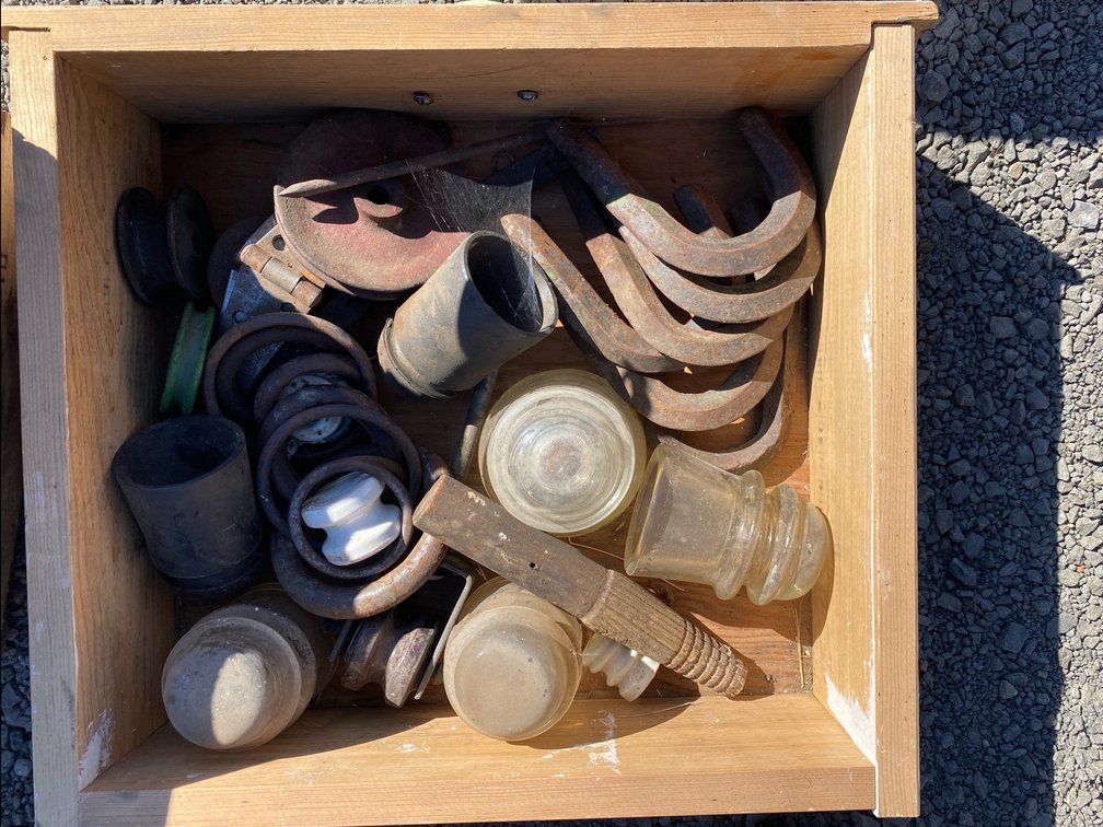 Vintage Utility Hardware, Insulators, and Pulleys in Wooden Drawer