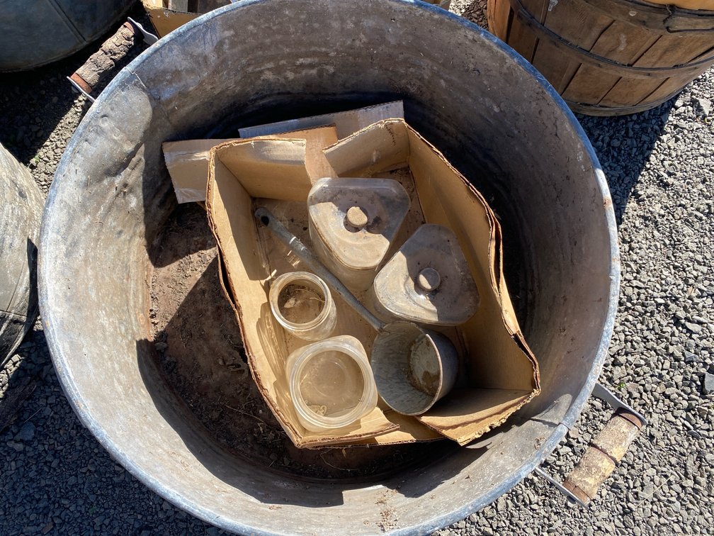 Galvanized Metal Wash Tub with Glass Jars, Dispensers, and Ladle
