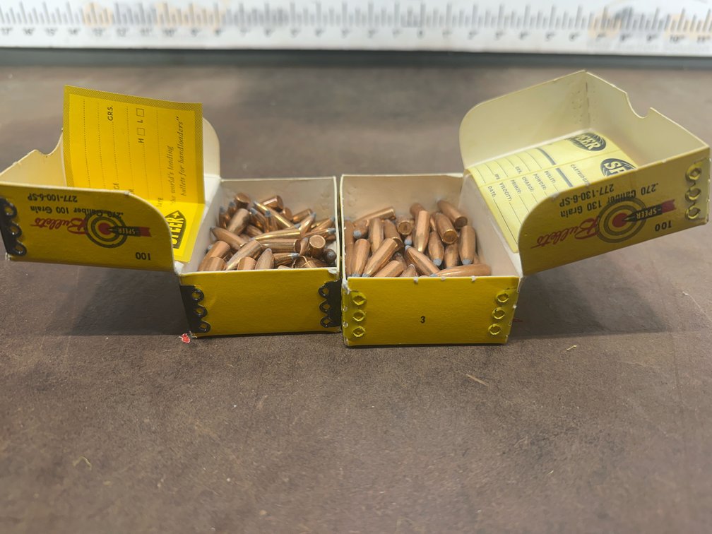 Two partial boxes of Speer .270 Caliber Reloading Bullets, 100 and 130 Grain