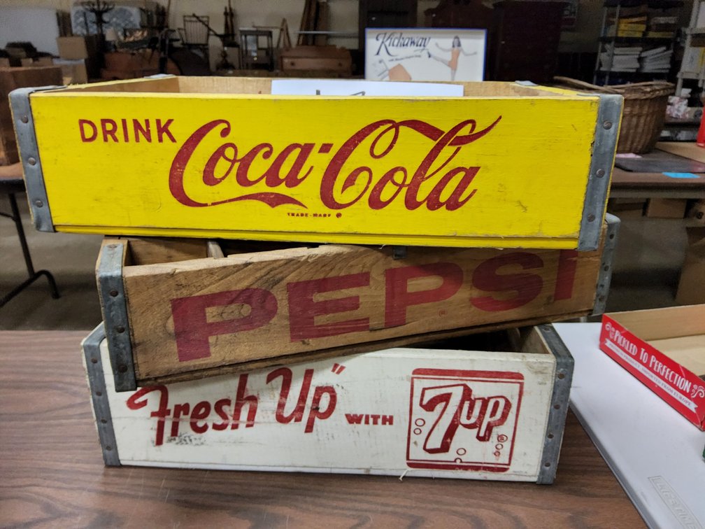 Pepsi, Coke and 7 Up wood soda crates.