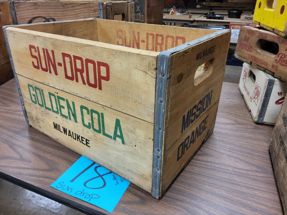 Sun Drop,  Golden Cola and Mission Orange wood soda crate 