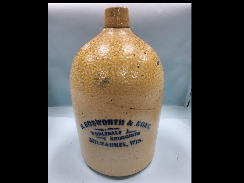 1 gl H. Bosworth & Sons,  Wholesale Druggists, Milwaukee WI advertising beehive jug. 