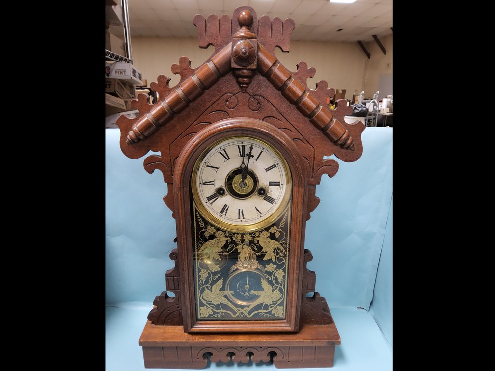 Welch "The Daisy" walnut kitchen clock with Jacot's regulator pendulum and alarm