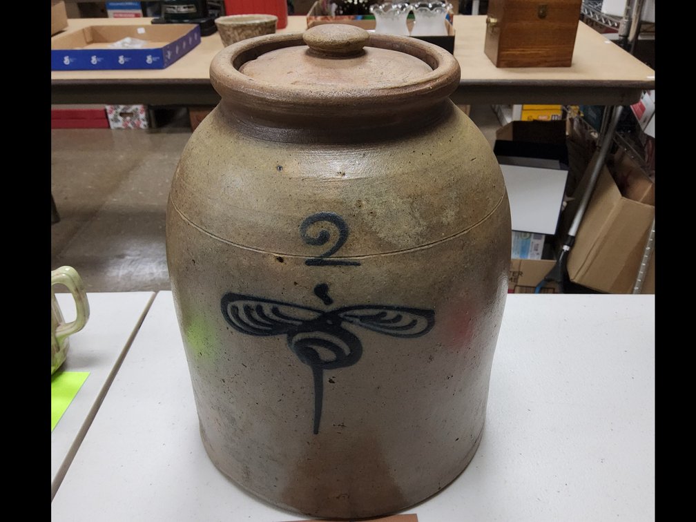 2 gallon salt glaze storage jar with cobalt Lazy 8 decoration