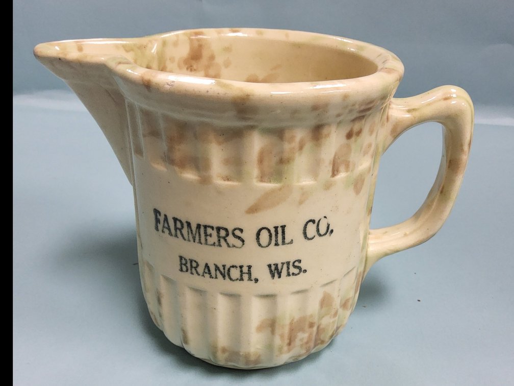 Farmers Oil Co. Branch, WI advertising spongeware creamer