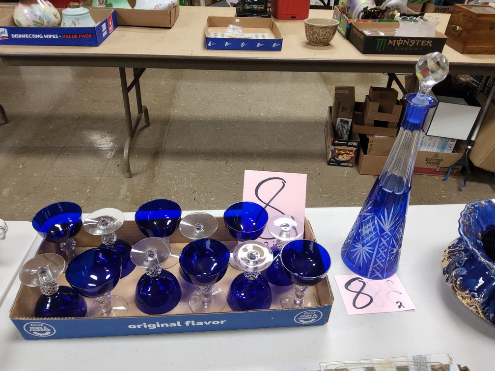 Cobalt crystal decanter and 12 stems