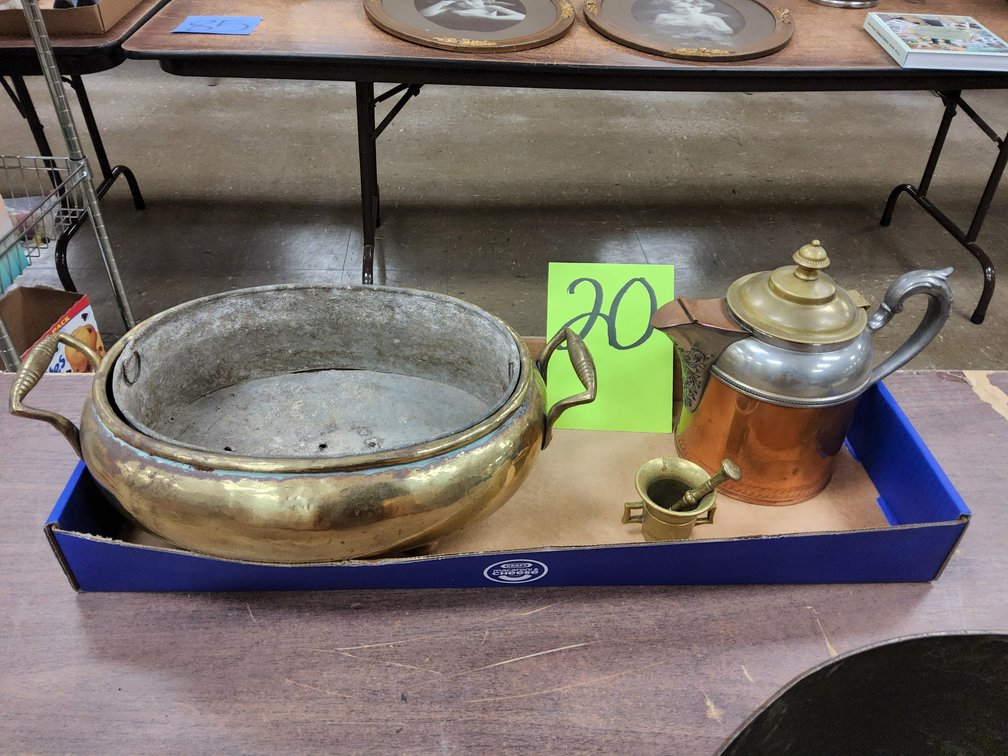 Brass planter,  Manning Bowman teapot and a very small mortar and pestle