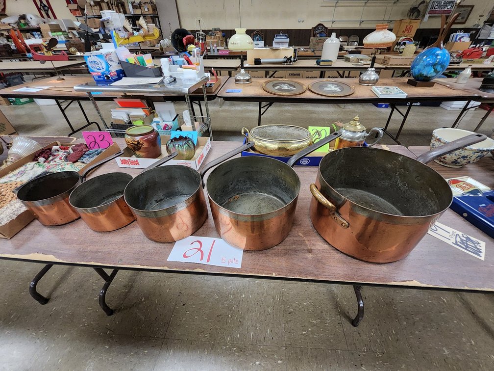 5 tin lined copper kettles 