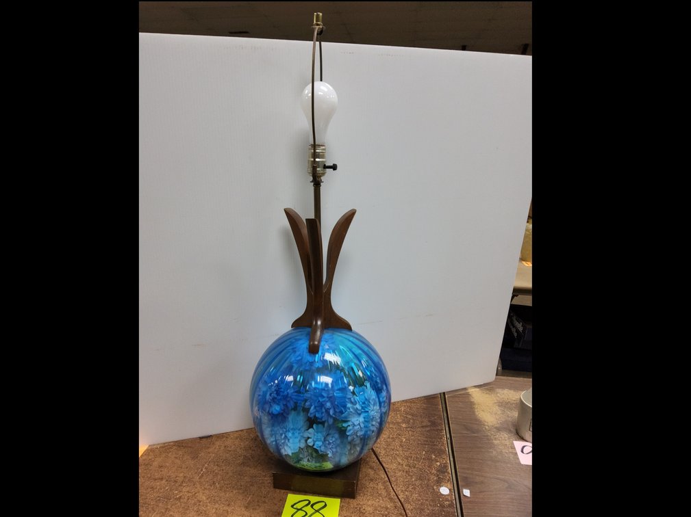 1960s/70s MCM glass and mahogany table lamp with silk flowers