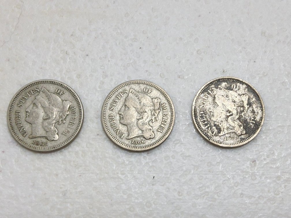 1865, 1866 and 1867 Nickel 3 cent coins