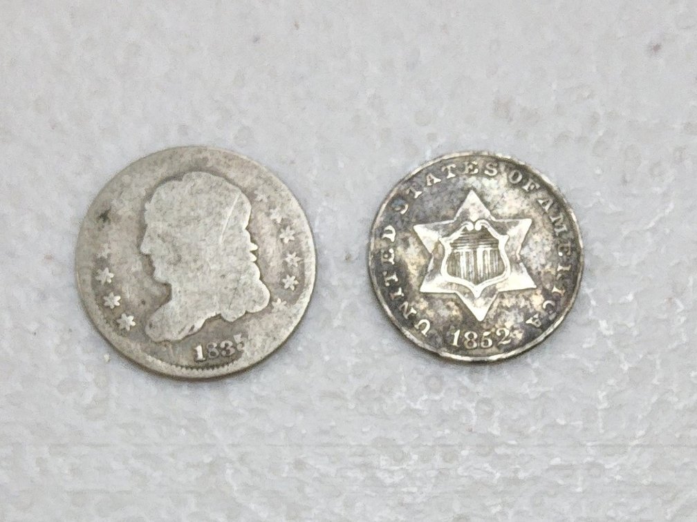 1835 Liberty Cap half dime and 1852 silver 3 cent coins