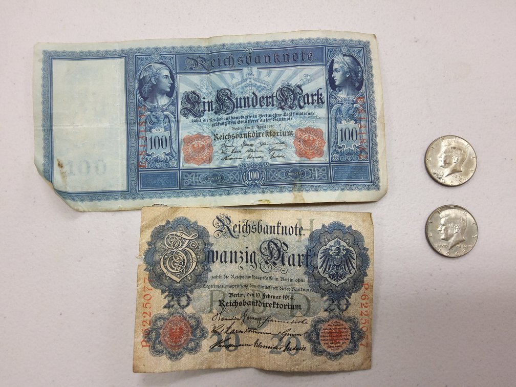 2 early 1900s Reichsbanknotes and 2 40% silver Kennedy halves