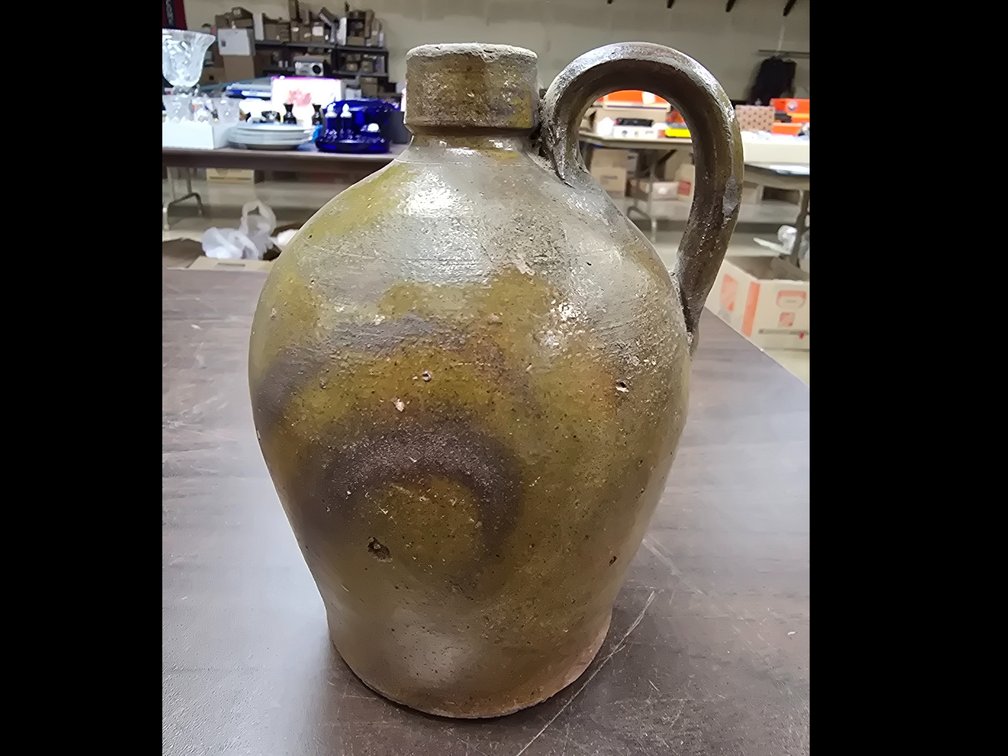 Pint sized jug with olive and mustard glaze