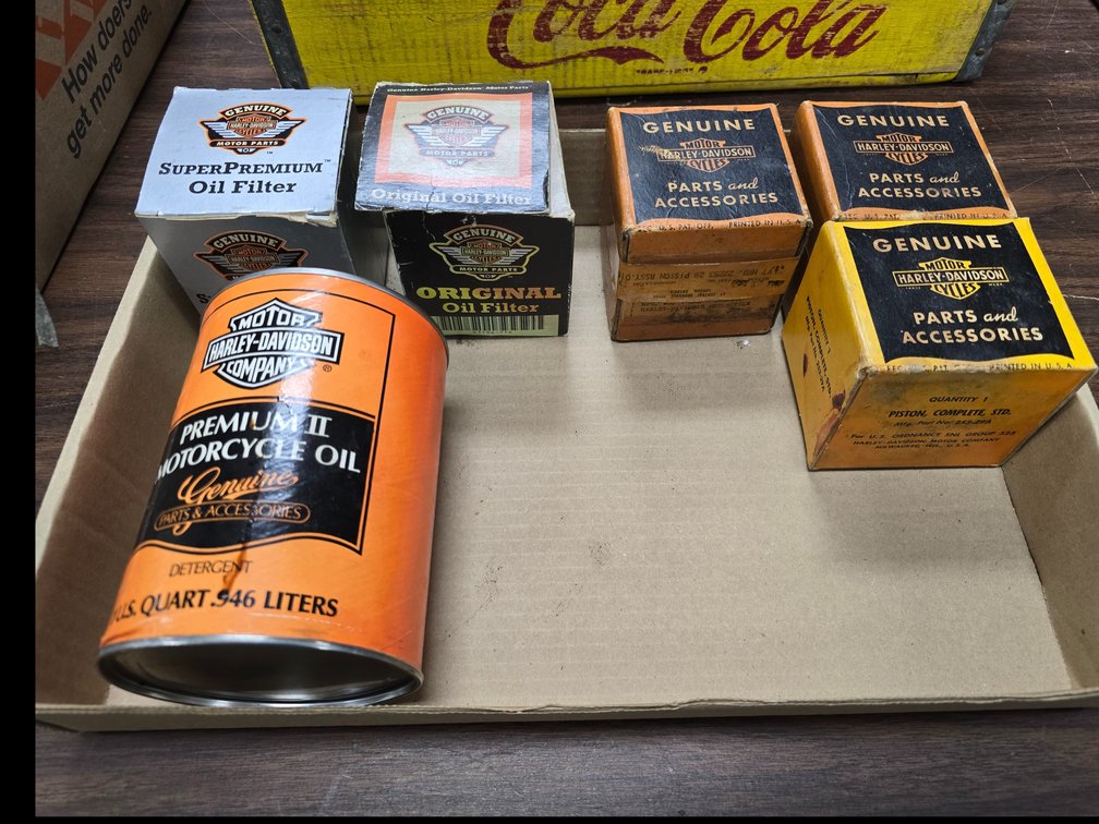 Harley Oil Filters, 3 NOS Pistons and an Empty Oil Can
