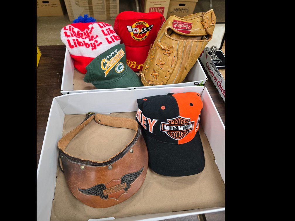 Harley hat & visor, Corvette & Packer hats, Leather baseball glove
