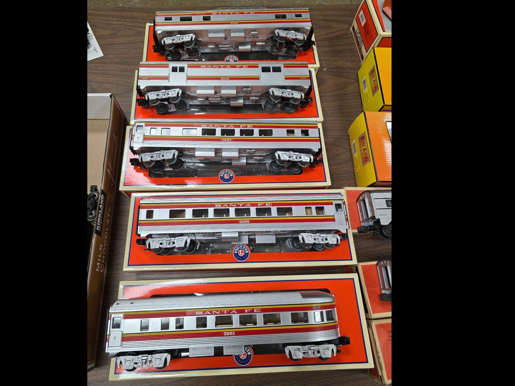 Five Santa Fe Passenger Train Cars with Boxes