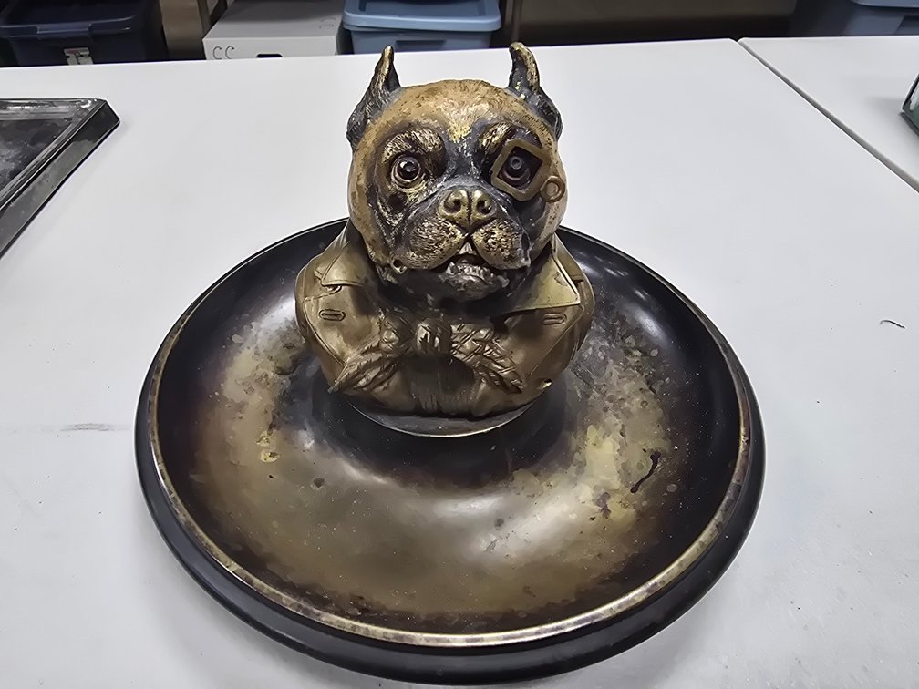 Exceptional cold painted brass monocled French bulldog match holder with ashtray.
