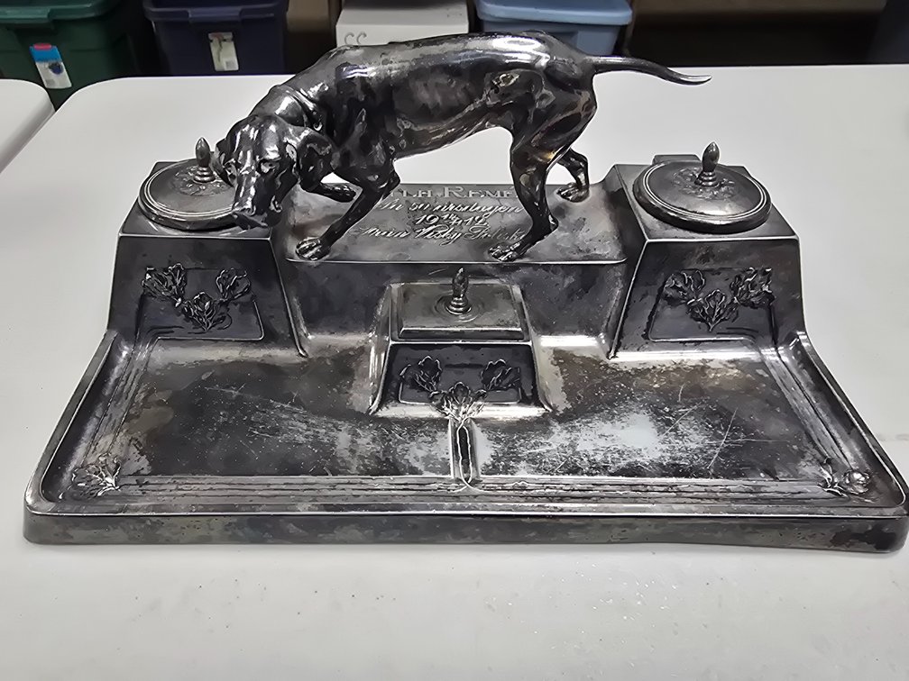 Kayser Germany silver plated desk set with gun dog.