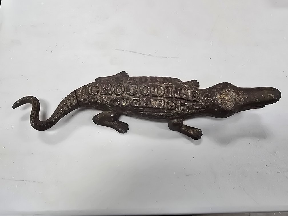 "Smoke Crocodile Cigars" cast iron figural match safe.