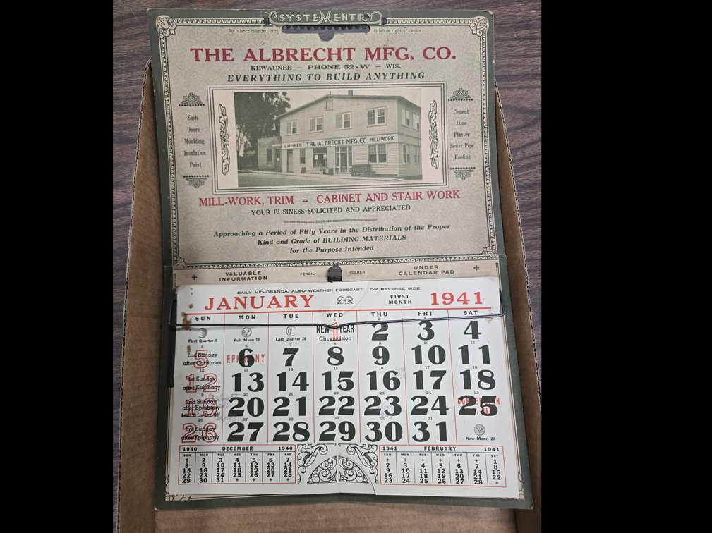 Kewaunee, WI 1941 advertising calendar for the Albrecht Mfg. Co.